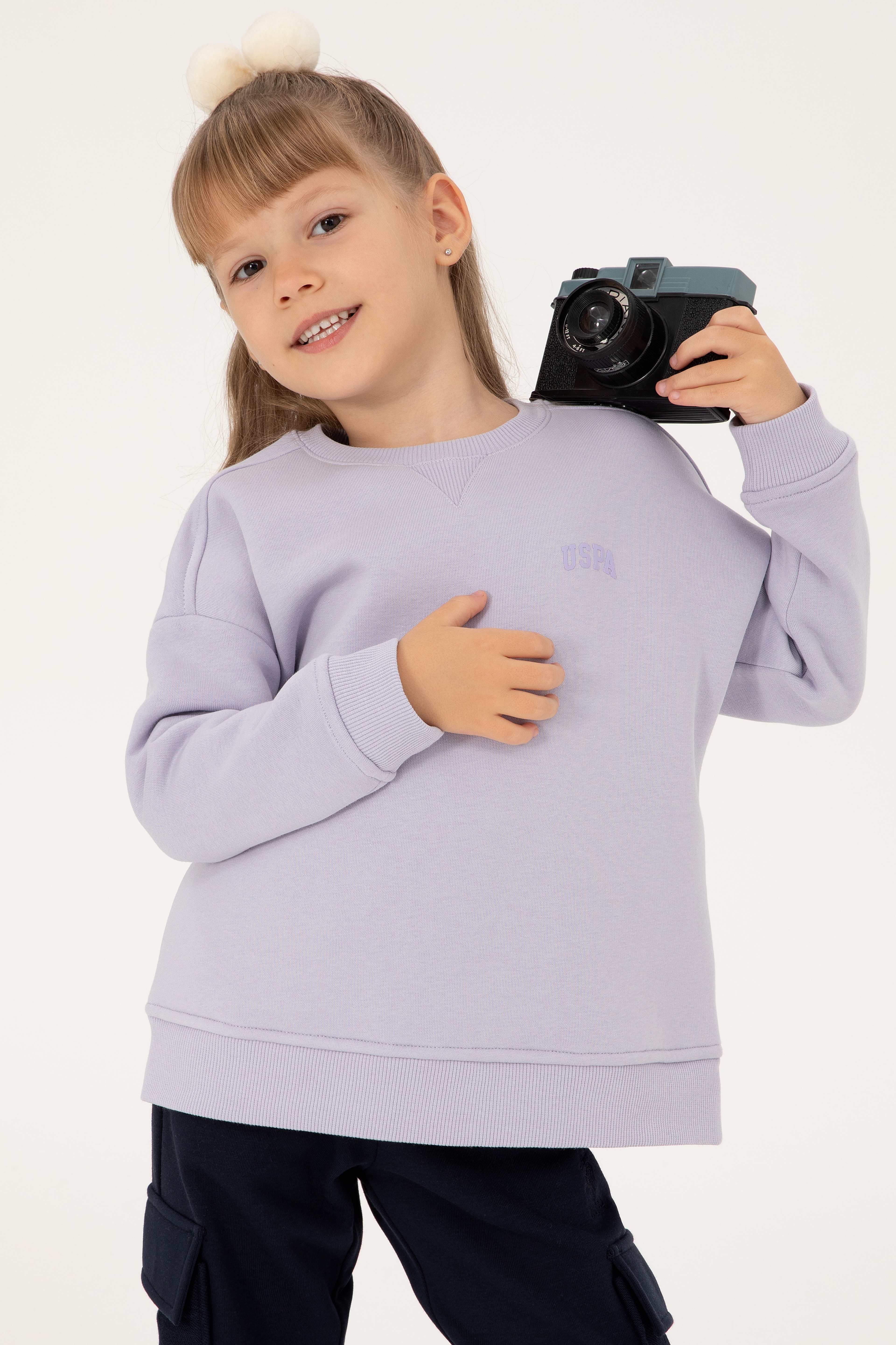 Kız Çocuk Lila Şardonlu Bisiklet Yaka Basic Sweatshirt - Image 2