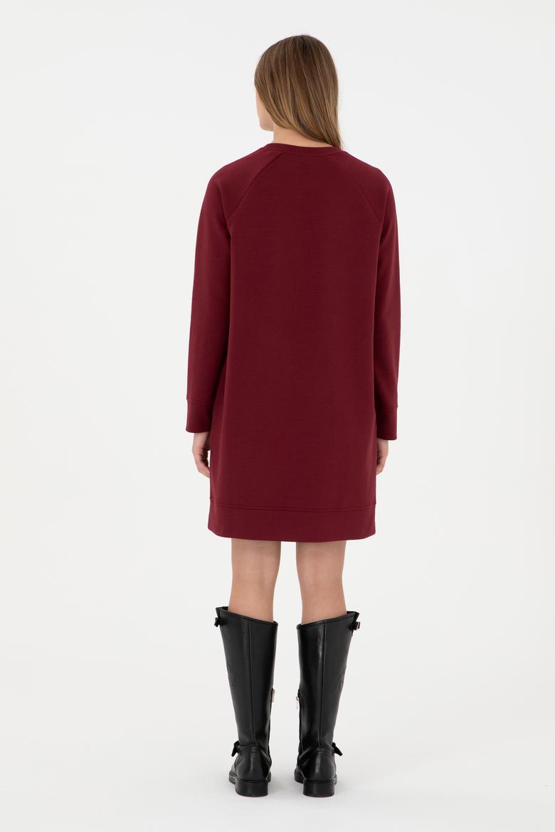 Kadın Bordo Sweatshirt Bisiklet Yaka Mini Boy Örme Elbise - 50297298006