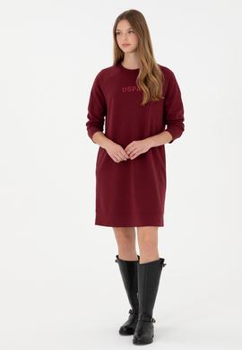 Kadın Bordo Sweatshirt Bisiklet Yaka Mini Boy Örme Elbise - 50297298006