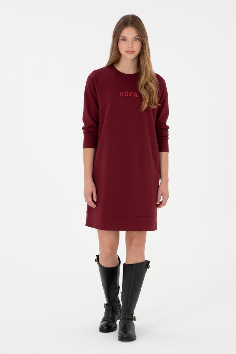 Kadın Bordo Sweatshirt Bisiklet Yaka Mini Boy Örme Elbise