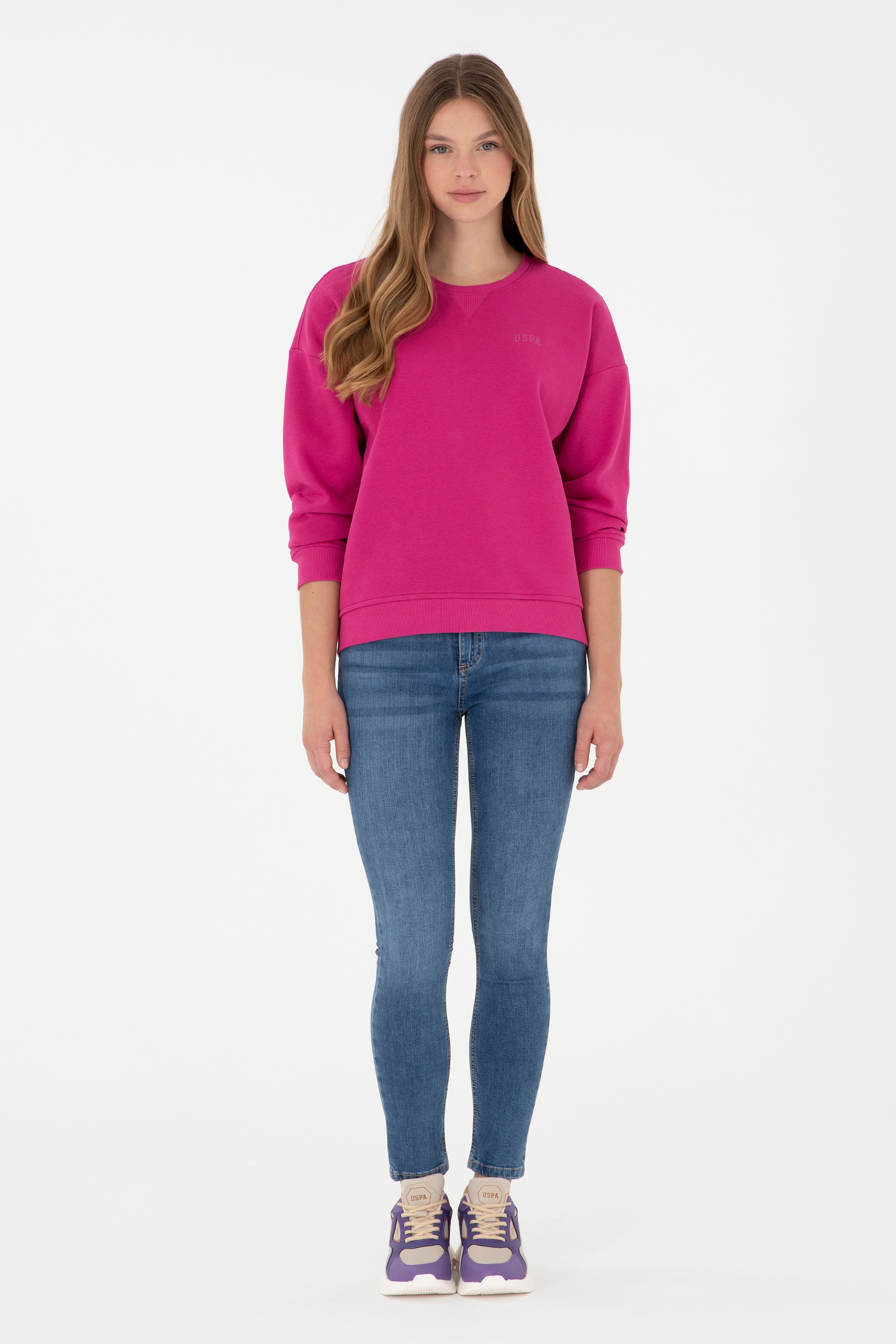 Kadın Fuşya Basic Bisiklet Yaka Sweatshirt - Image 4