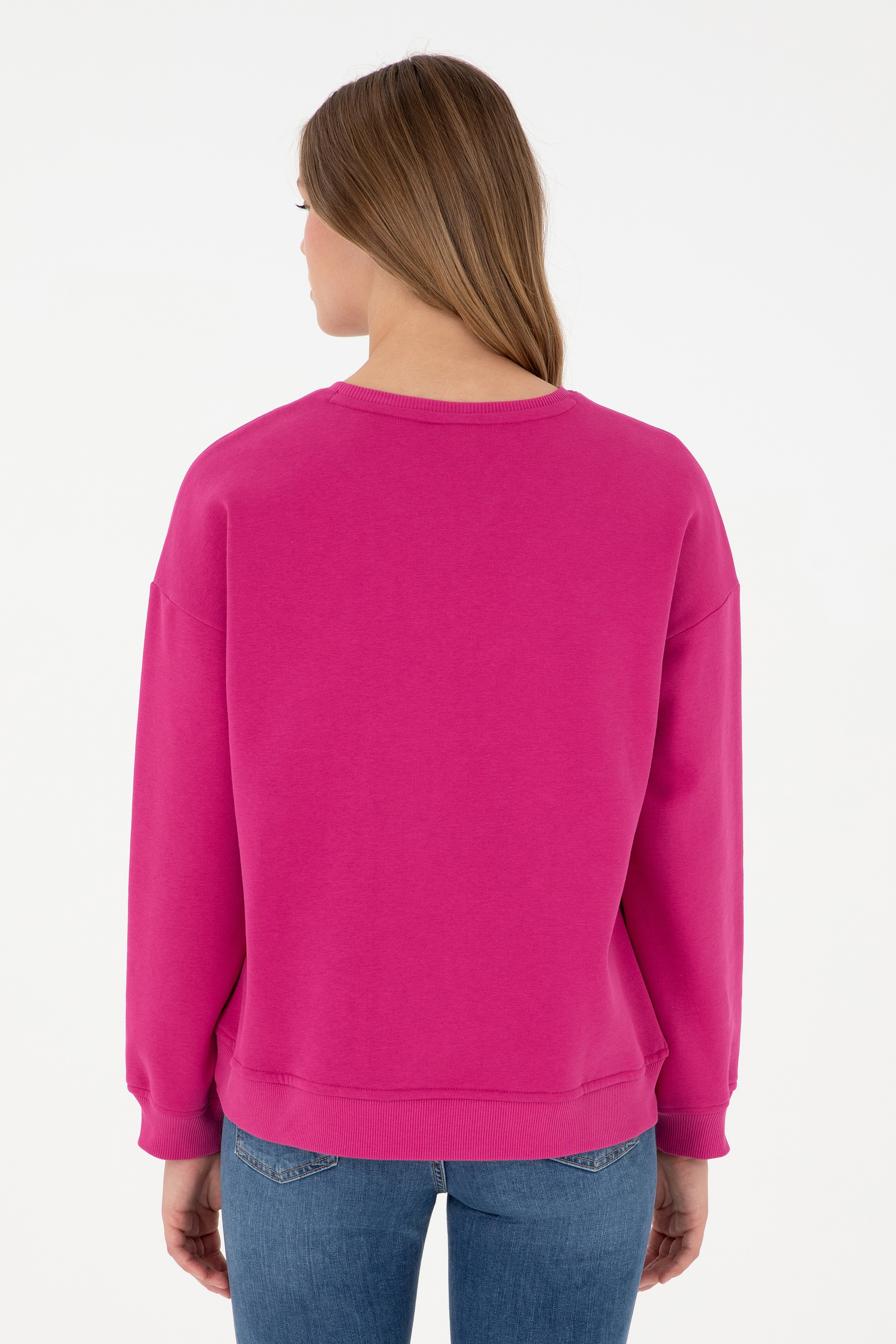 Kadın Fuşya Basic Bisiklet Yaka Sweatshirt - Image 5