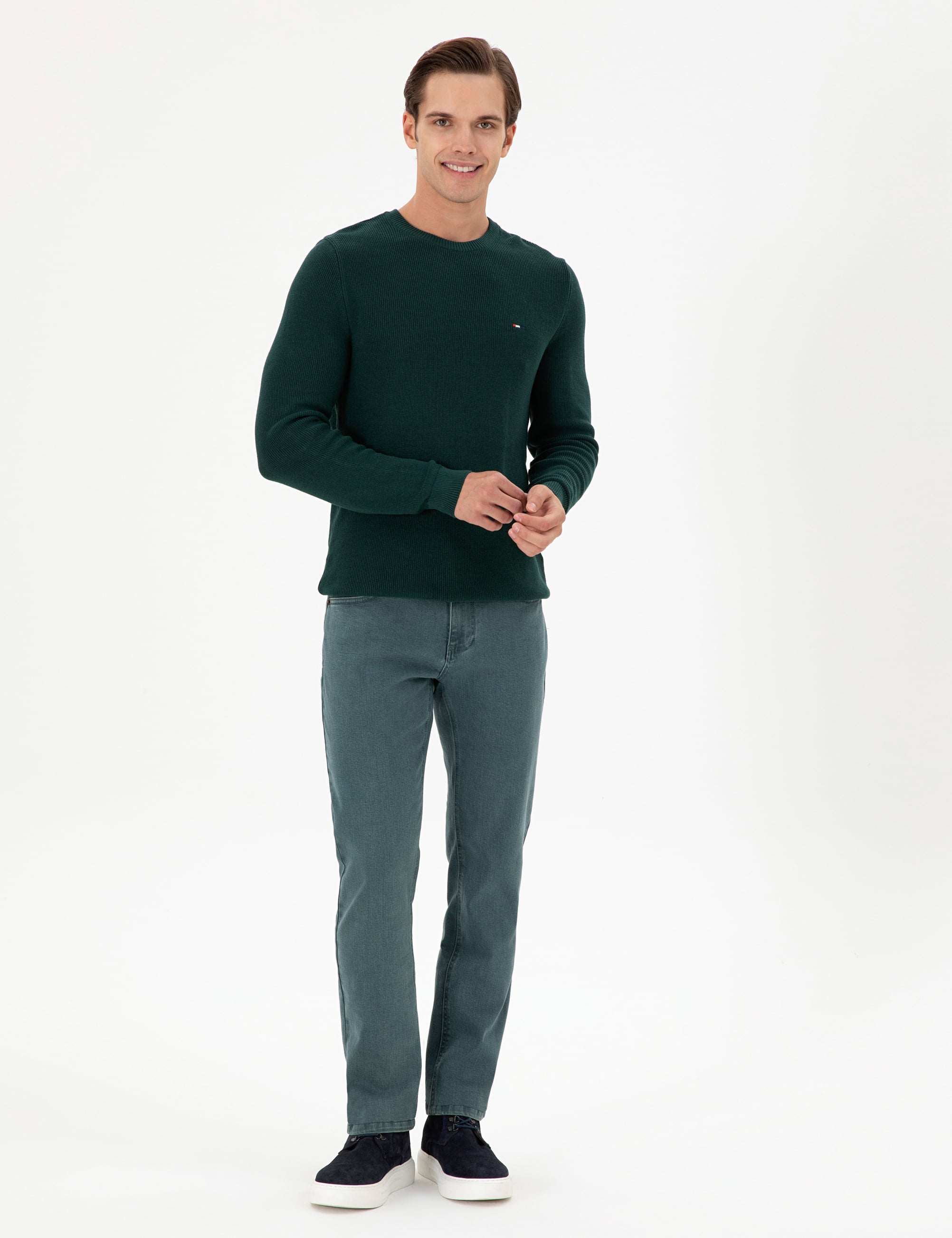 Erkek Slim Fit Bisiklet Yaka Koyu Yeşil Basic Kazak