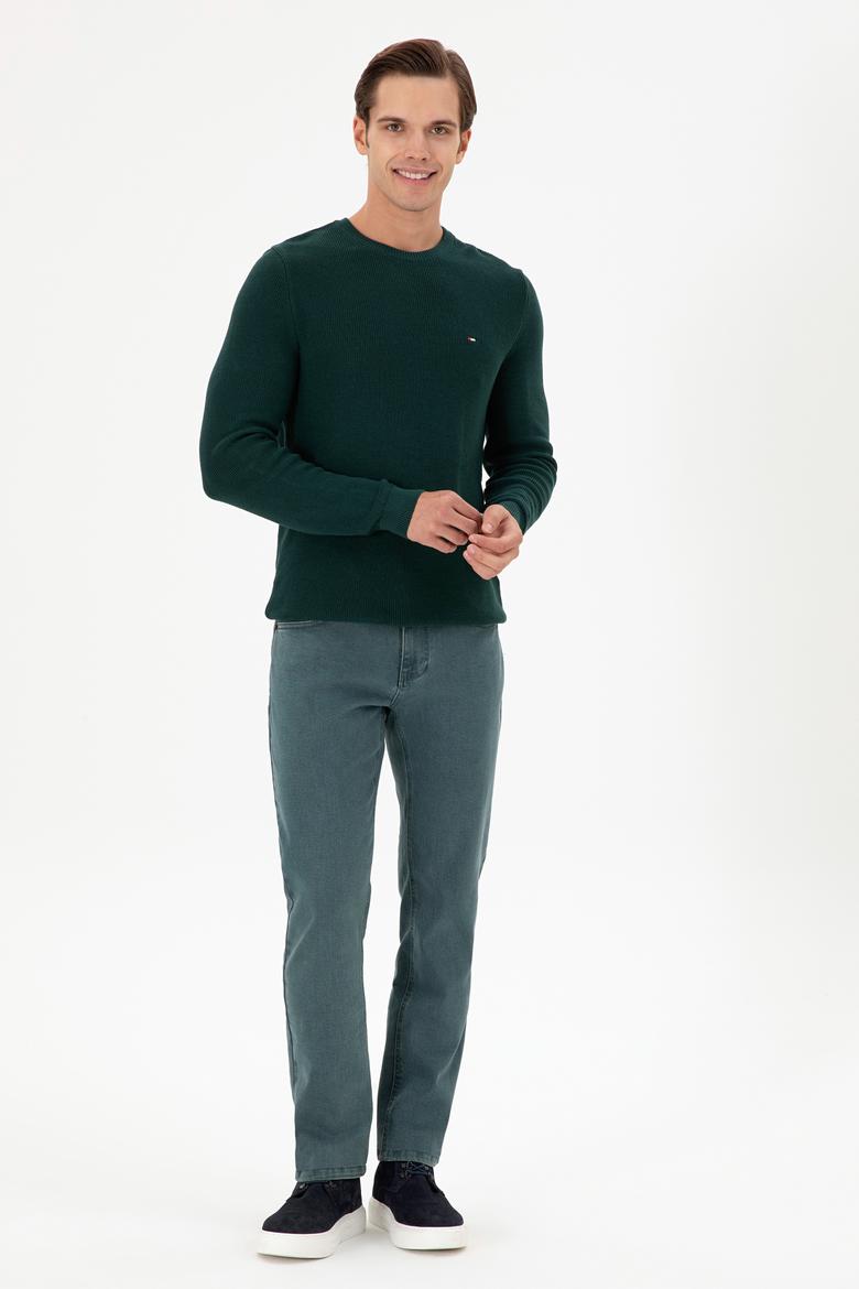Erkek Slim Fit Bisiklet Yaka Koyu Yeşil Basic Kazak - 50298282035