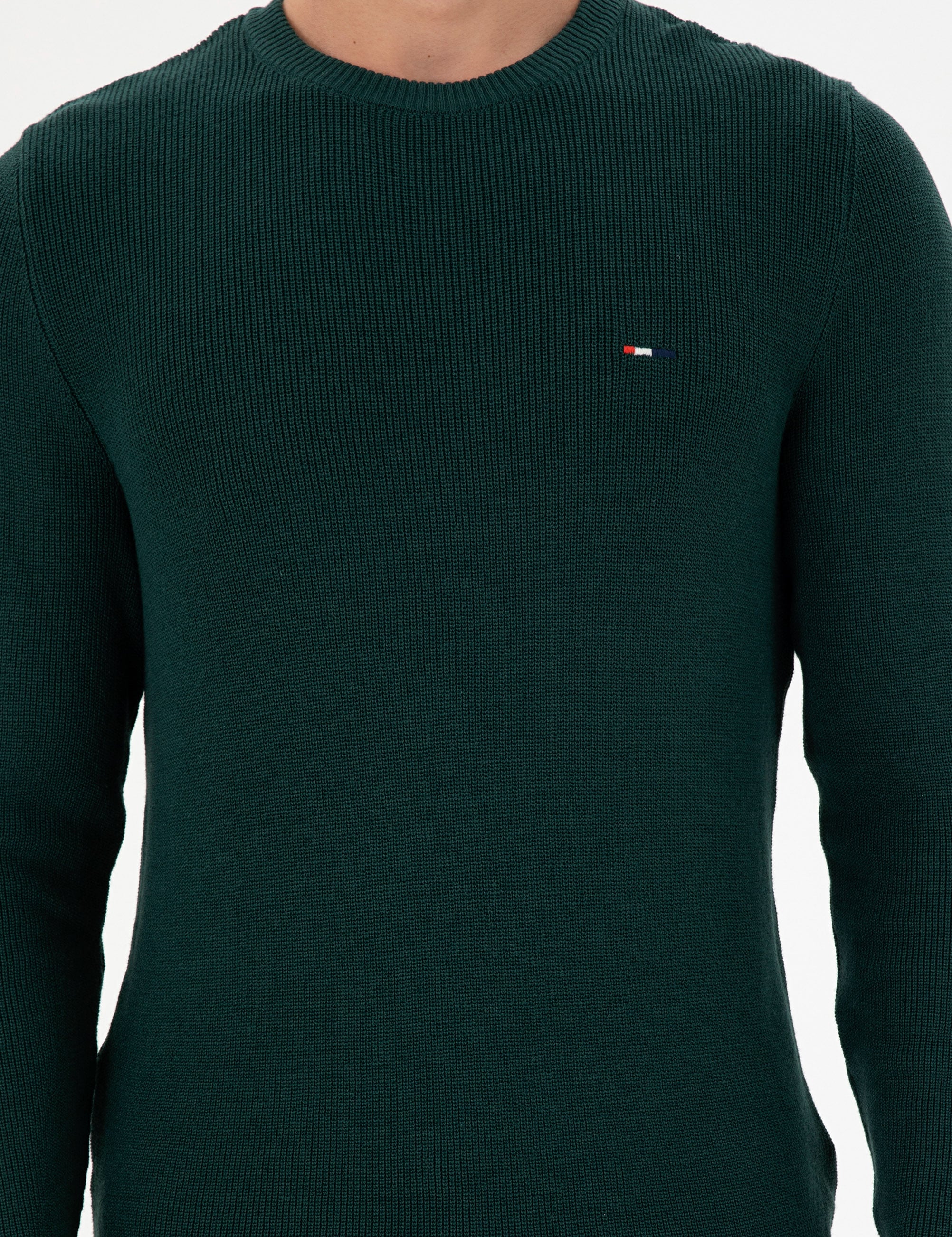 Erkek Slim Fit Bisiklet Yaka Koyu Yeşil Basic Kazak - Image 6