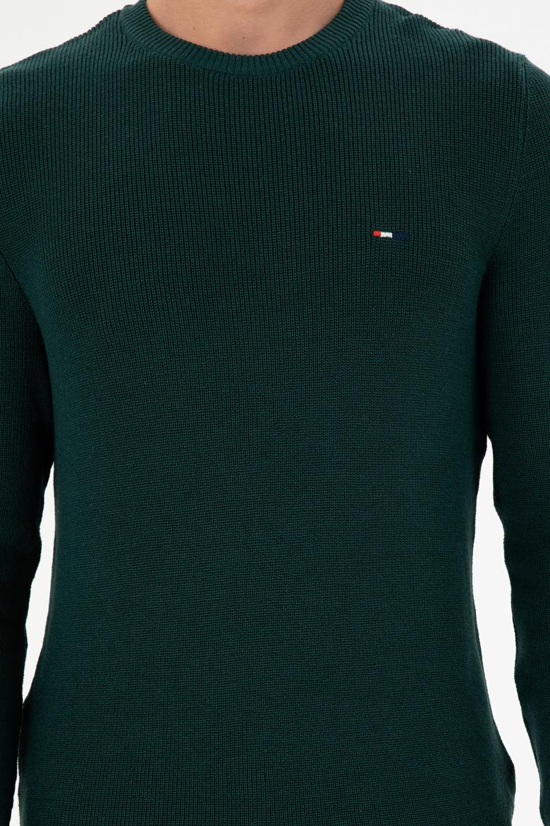 Erkek Slim Fit Bisiklet Yaka Koyu Yeşil Basic Kazak - 50298282035