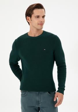 Erkek Slim Fit Bisiklet Yaka Koyu Yeşil Basic Kazak - 50298282035
