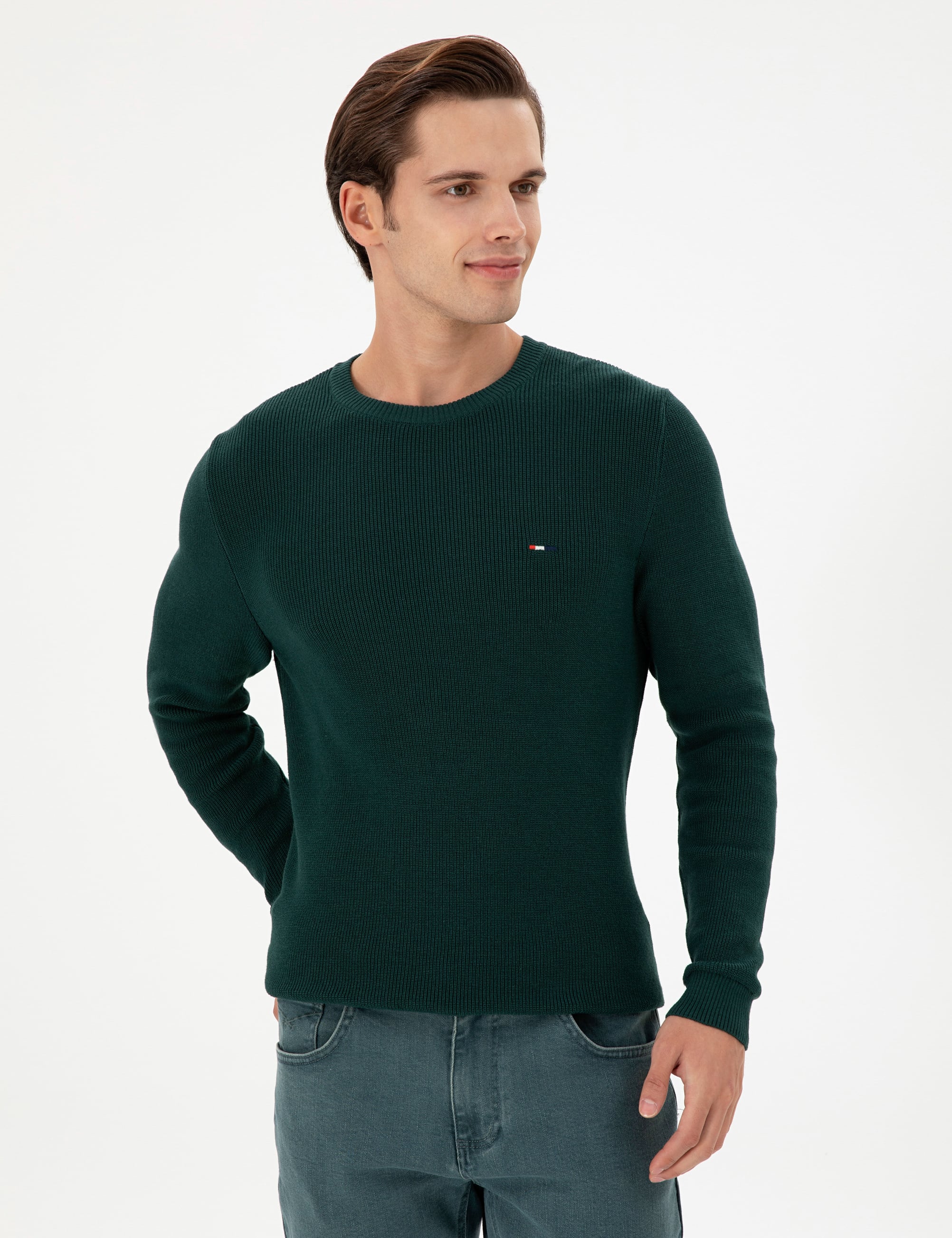 Erkek Slim Fit Bisiklet Yaka Koyu Yeşil Basic Kazak - Image 3