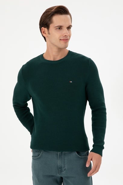 Erkek Slim Fit Bisiklet Yaka Koyu Yeşil Basic Kazak