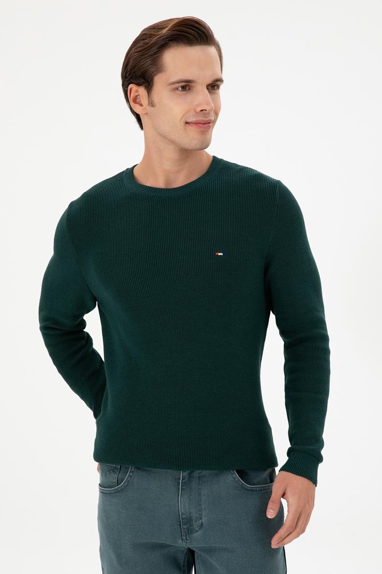 Erkek Slim Fit Bisiklet Yaka Koyu Yeşil Basic Kazak - 50298282035