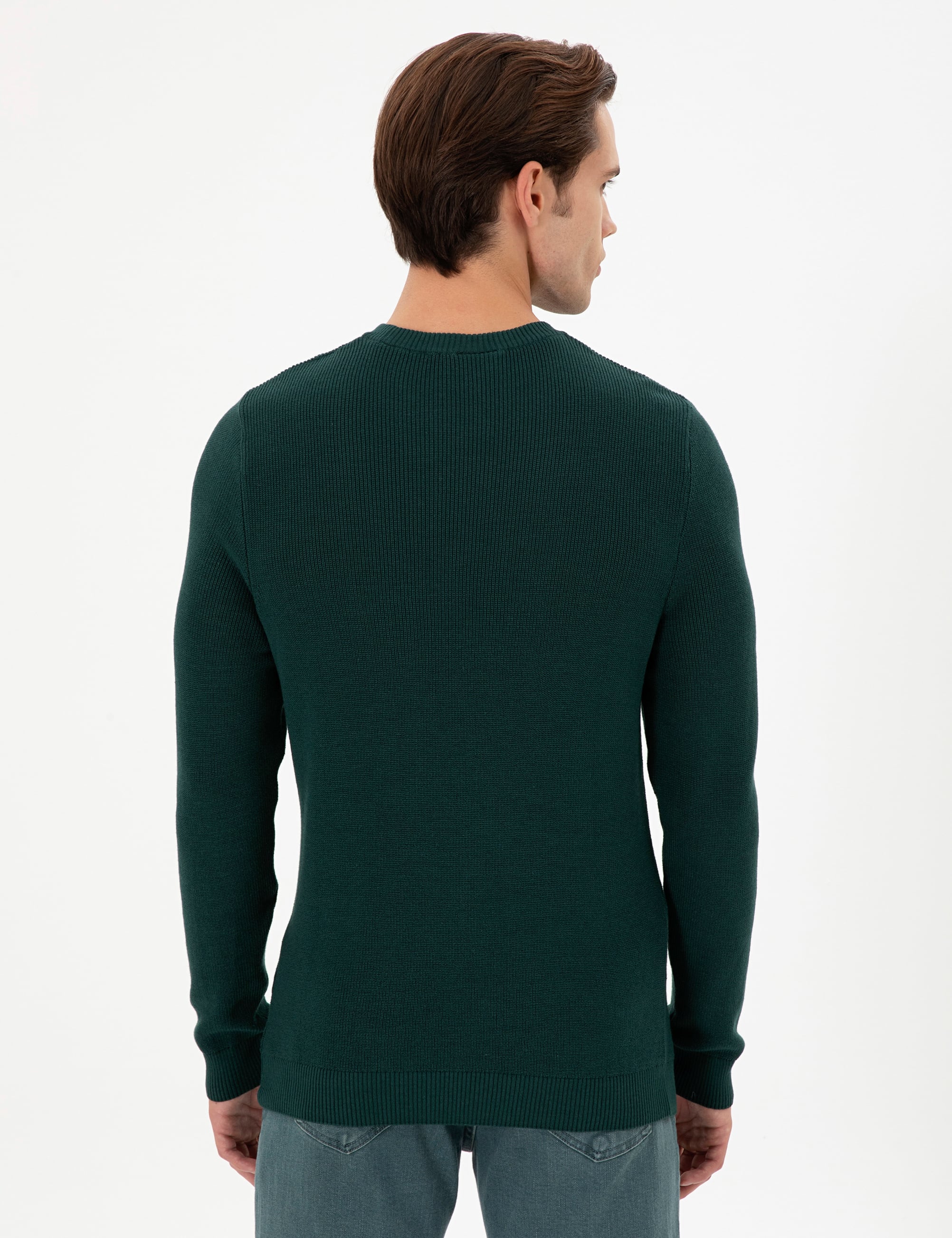 Erkek Slim Fit Bisiklet Yaka Koyu Yeşil Basic Kazak - Image 5
