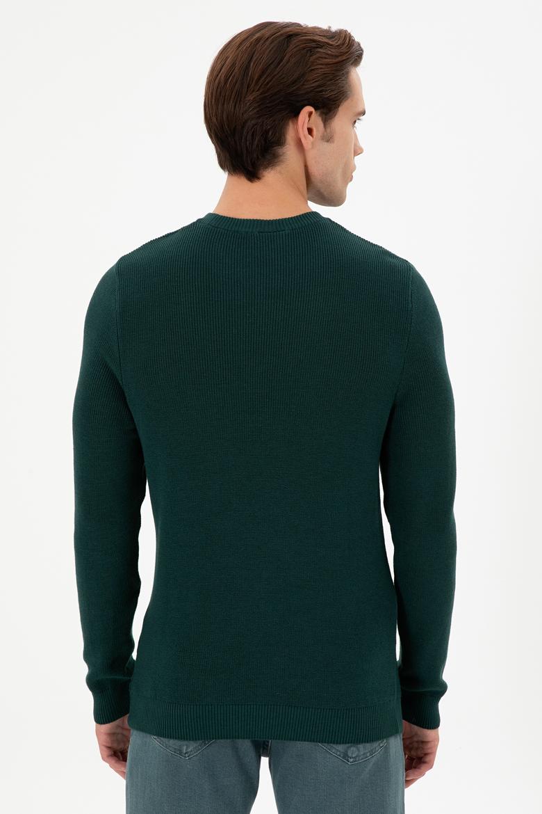 Erkek Slim Fit Bisiklet Yaka Koyu Yeşil Basic Kazak - 50298282035