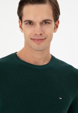 Erkek Slim Fit Bisiklet Yaka Koyu Yeşil Basic Kazak - 50298282035