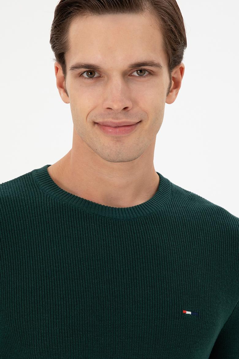 Erkek Slim Fit Bisiklet Yaka Koyu Yeşil Basic Kazak - 50298282035