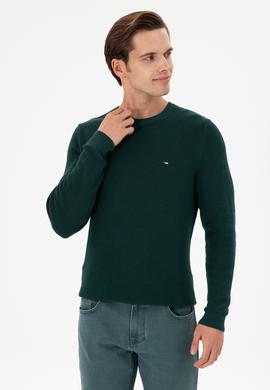 Erkek Slim Fit Bisiklet Yaka Koyu Yeşil Basic Kazak - 50298282035