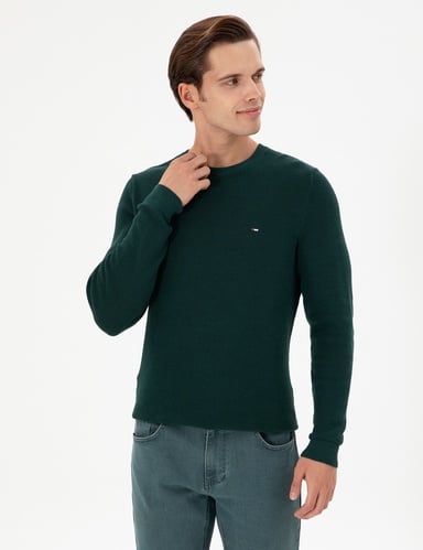 Erkek Slim Fit Bisiklet Yaka Koyu Yeşil Basic Kazak