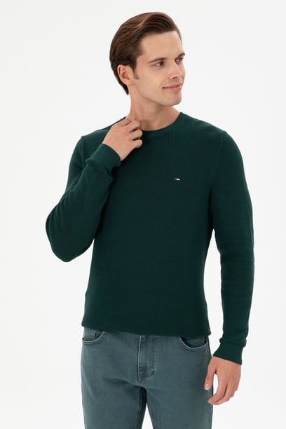 Erkek Slim Fit Bisiklet Yaka Koyu Yeşil Basic Kazak