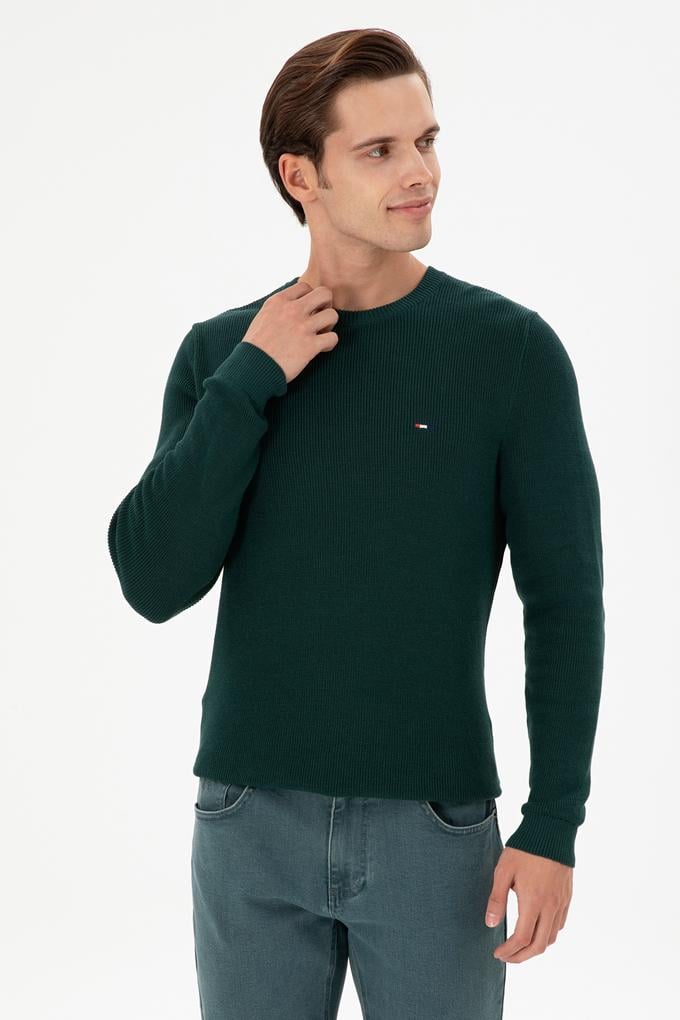 Erkek Slim Fit Bisiklet Yaka Koyu Yeşil Basic Kazak