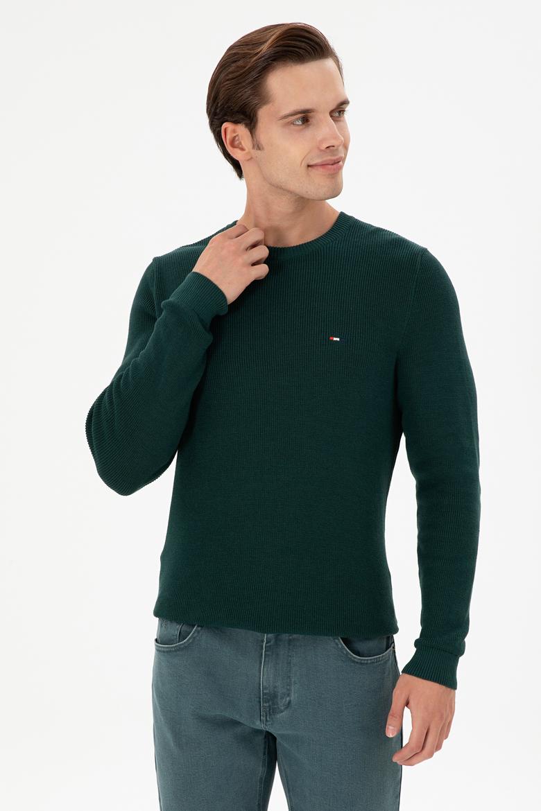 Erkek Slim Fit Bisiklet Yaka Koyu Yeşil Basic Kazak