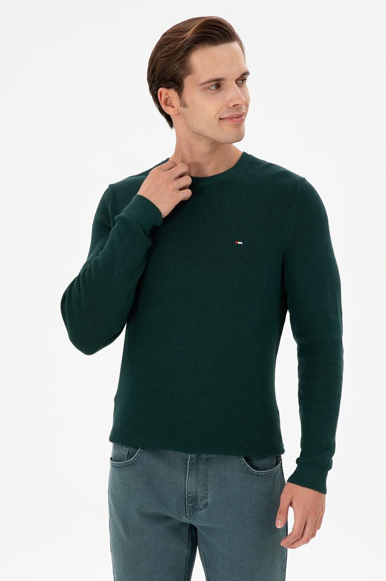 Erkek Slim Fit Bisiklet Yaka Koyu Yeşil Basic Kazak