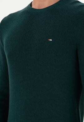 Erkek Slim Fit Bisiklet Yaka Koyu Yeşil Basic Kazak - 50298282035