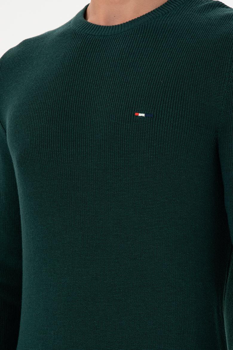 Erkek Slim Fit Bisiklet Yaka Koyu Yeşil Basic Kazak - 50298282035