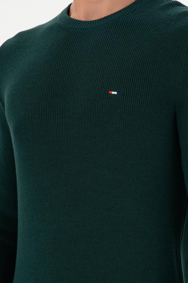 Erkek Slim Fit Bisiklet Yaka Koyu Yeşil Basic Kazak