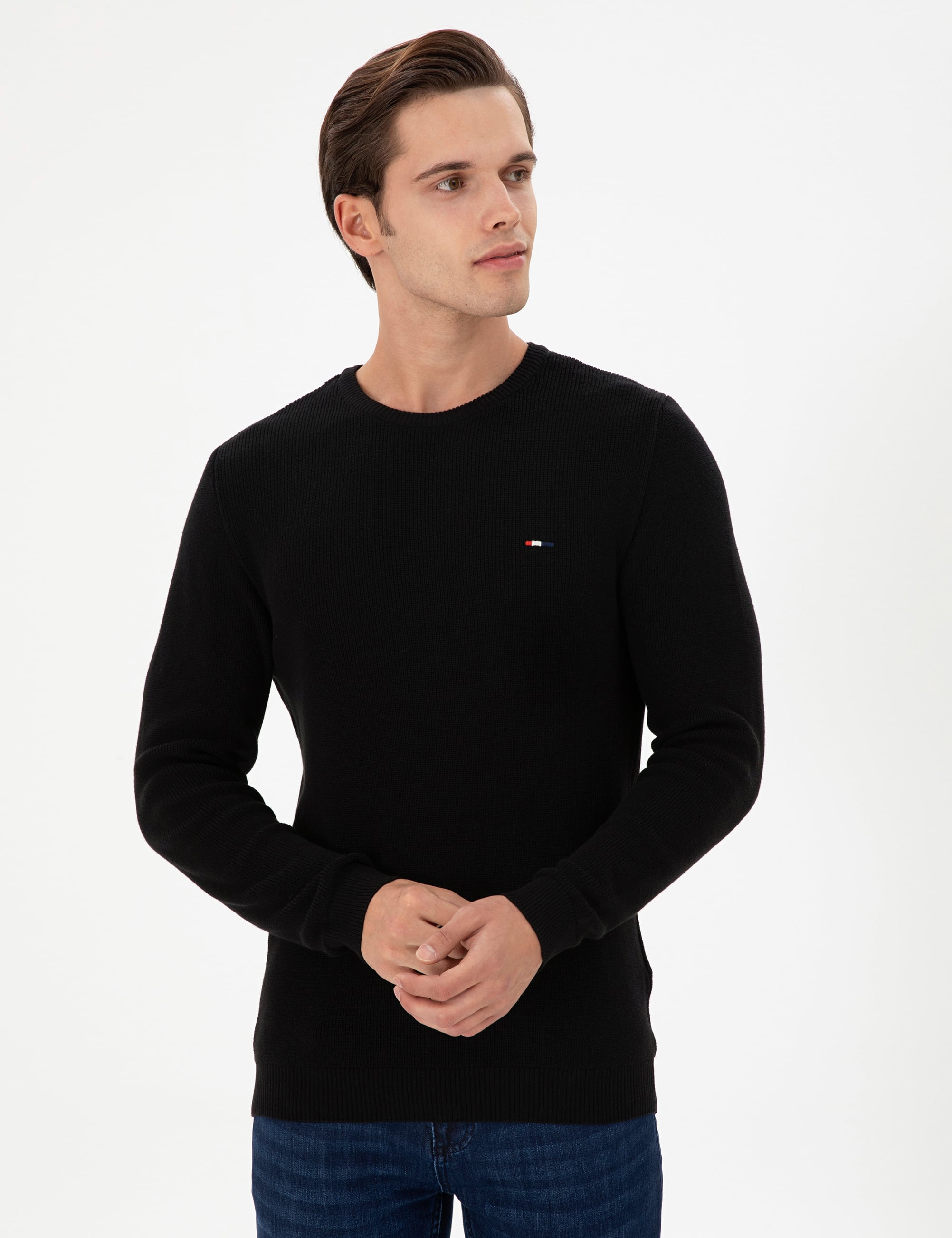 Erkek Slim Fit Bisiklet Yaka Siyah Basic Kazak
