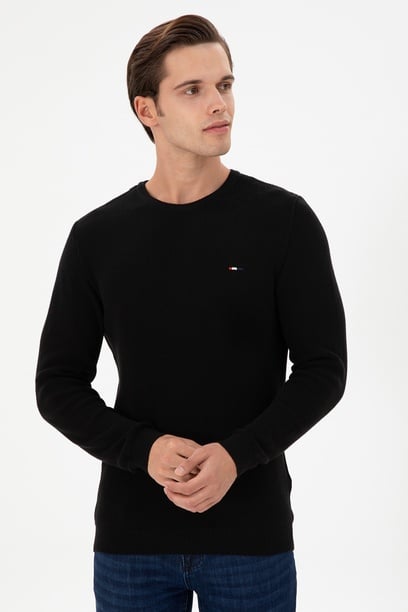 Erkek Slim Fit Bisiklet Yaka Siyah Basic Kazak