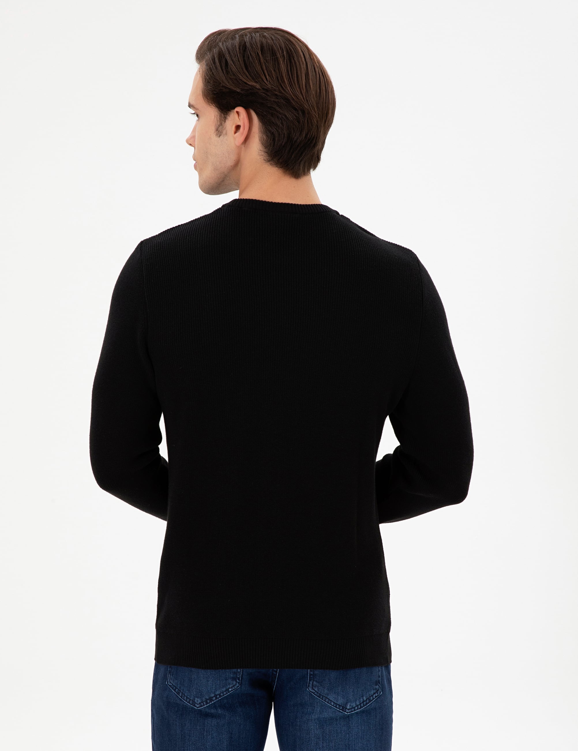 Erkek Slim Fit Bisiklet Yaka Siyah Basic Kazak