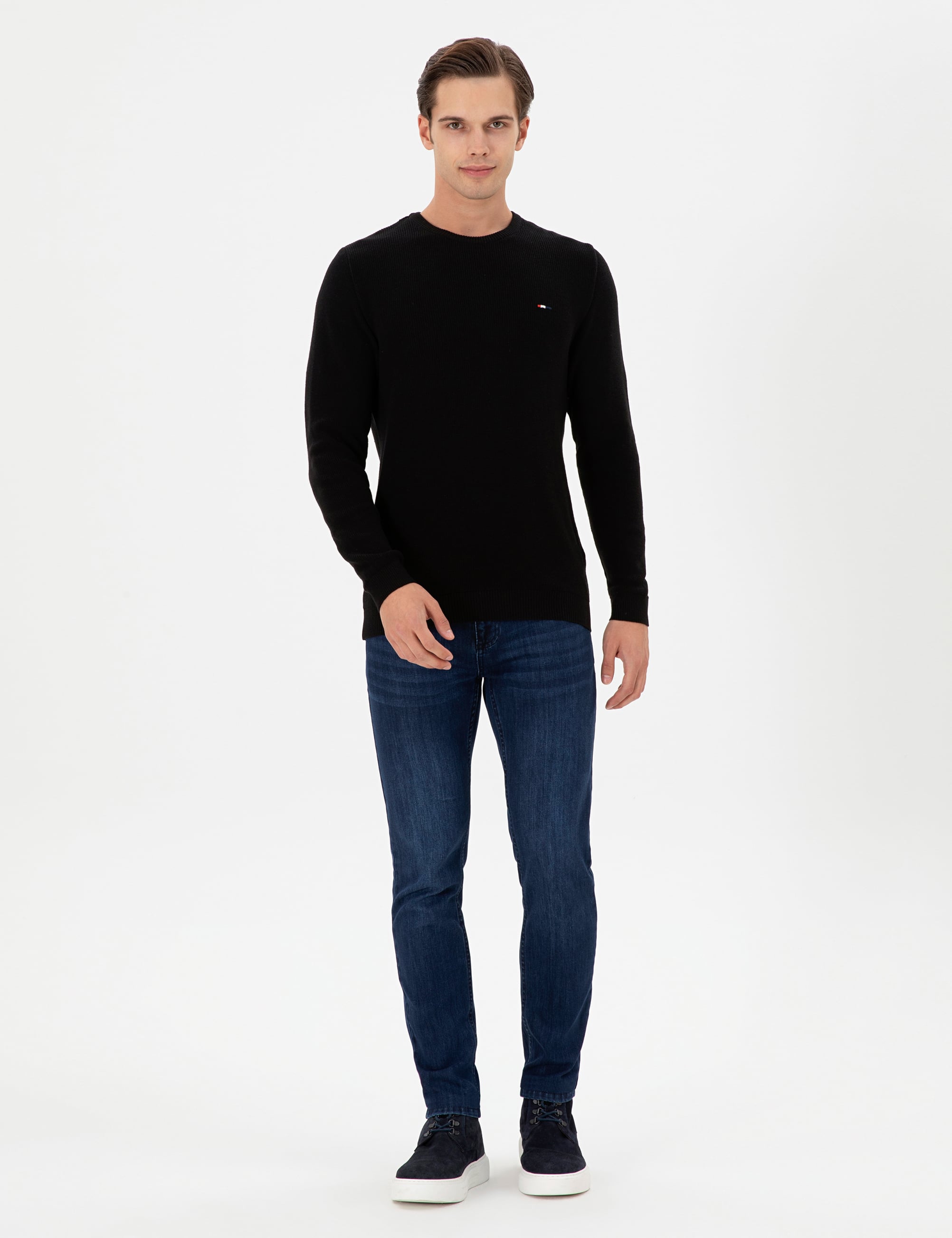 Erkek Slim Fit Bisiklet Yaka Siyah Basic Kazak