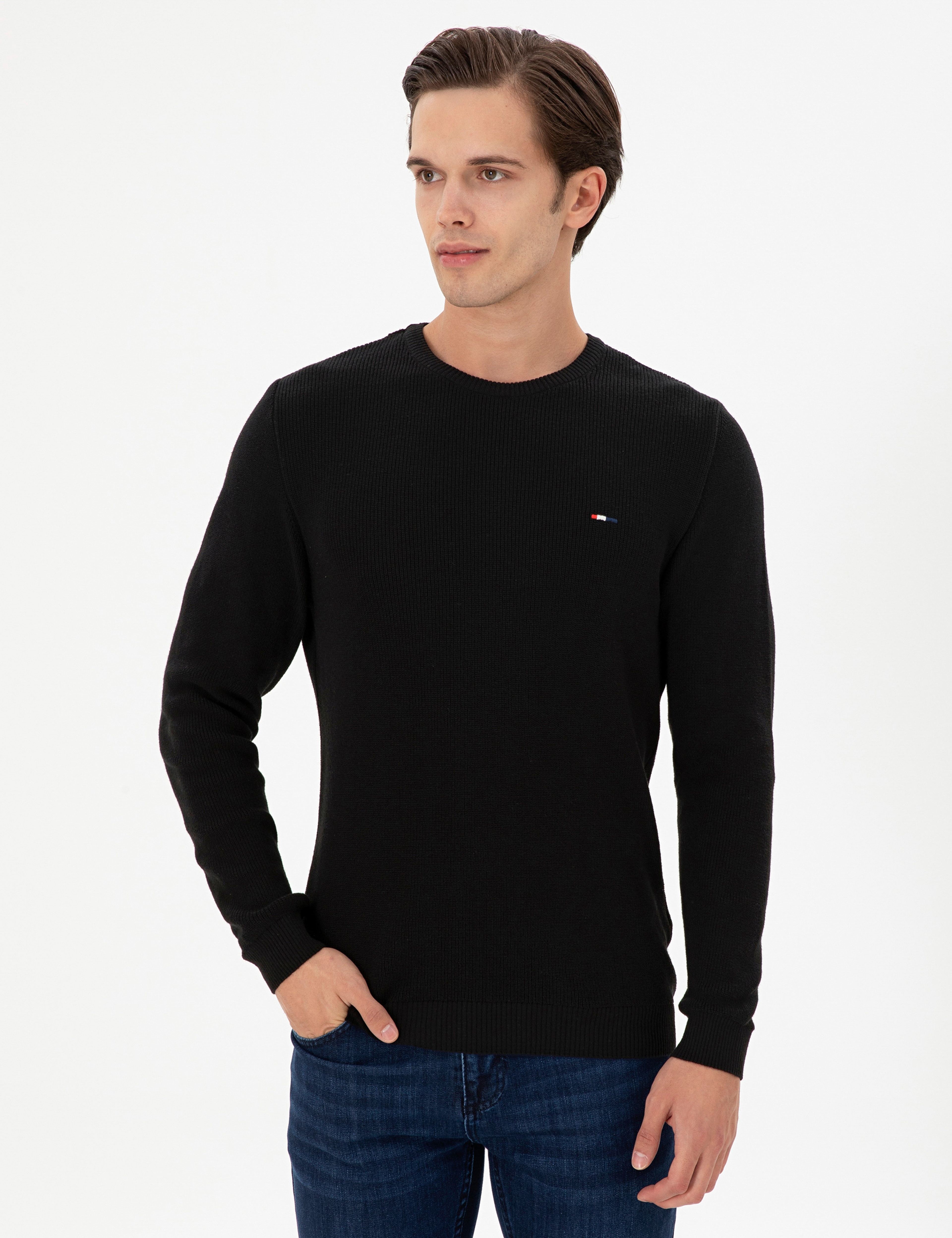 Erkek Slim Fit Bisiklet Yaka Siyah Basic Kazak - Image 1