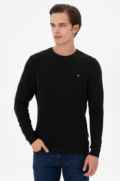 Erkek Slim Fit Bisiklet Yaka Siyah Basic Kazak