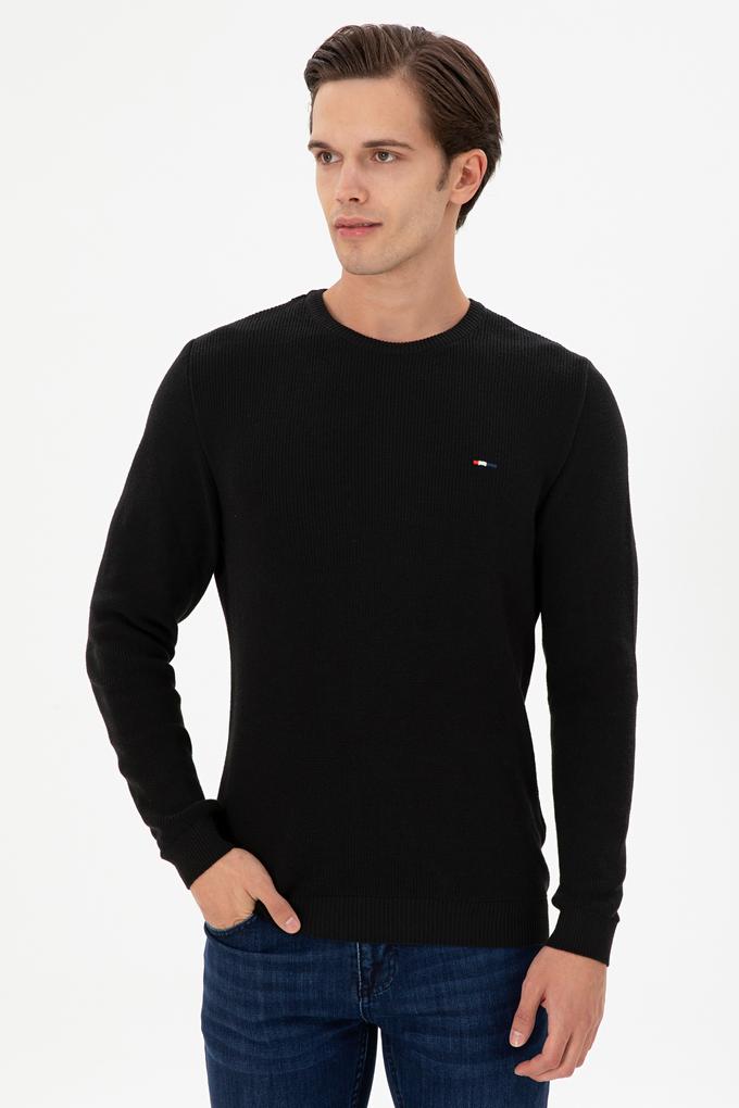 Erkek Slim Fit Bisiklet Yaka Siyah Basic Kazak