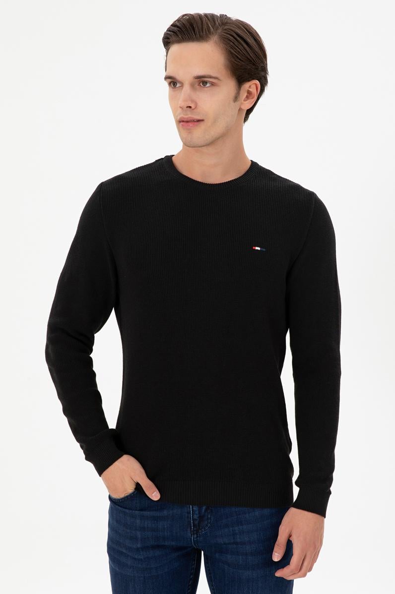 Erkek Slim Fit Bisiklet Yaka Siyah Basic Kazak