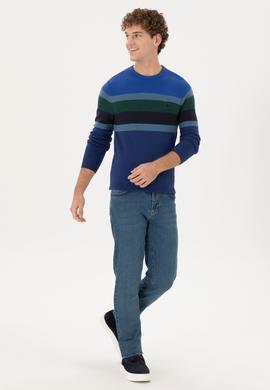 Erkek Slim Fit Bisiklet Yaka İndigo Kazak - 50292866018