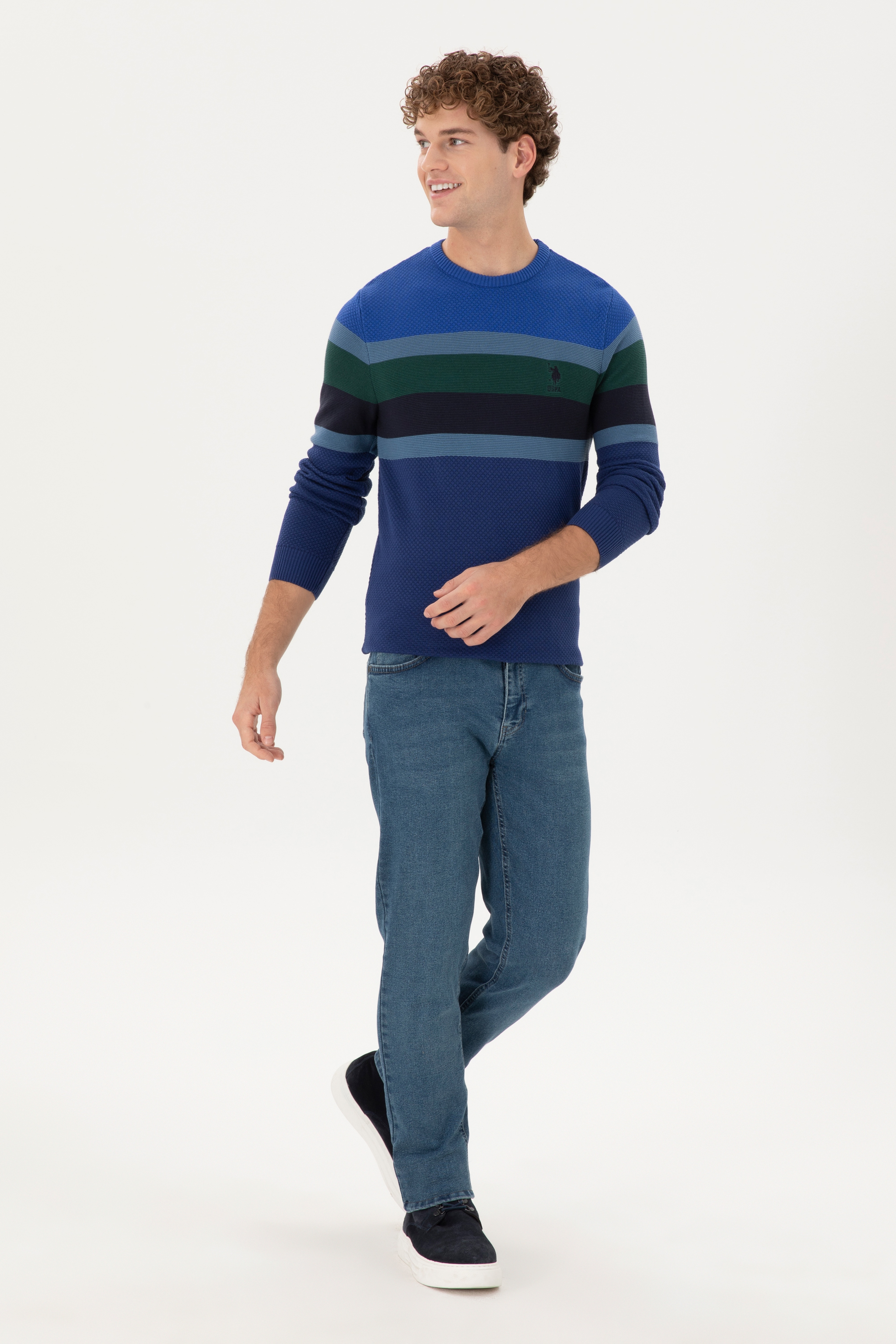 Erkek Slim Fit Bisiklet Yaka İndigo Kazak