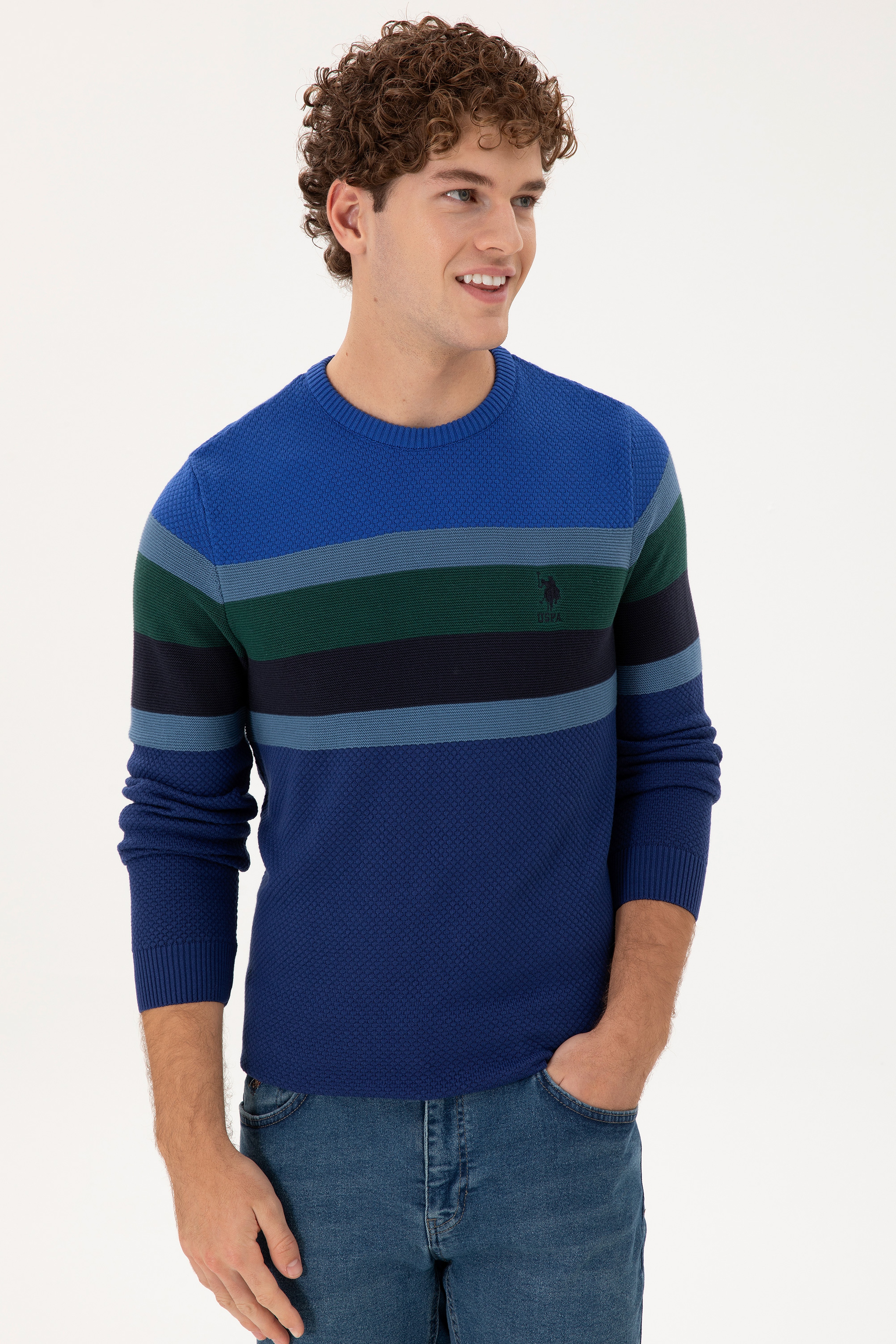 Erkek Slim Fit Bisiklet Yaka İndigo Kazak - Image 3