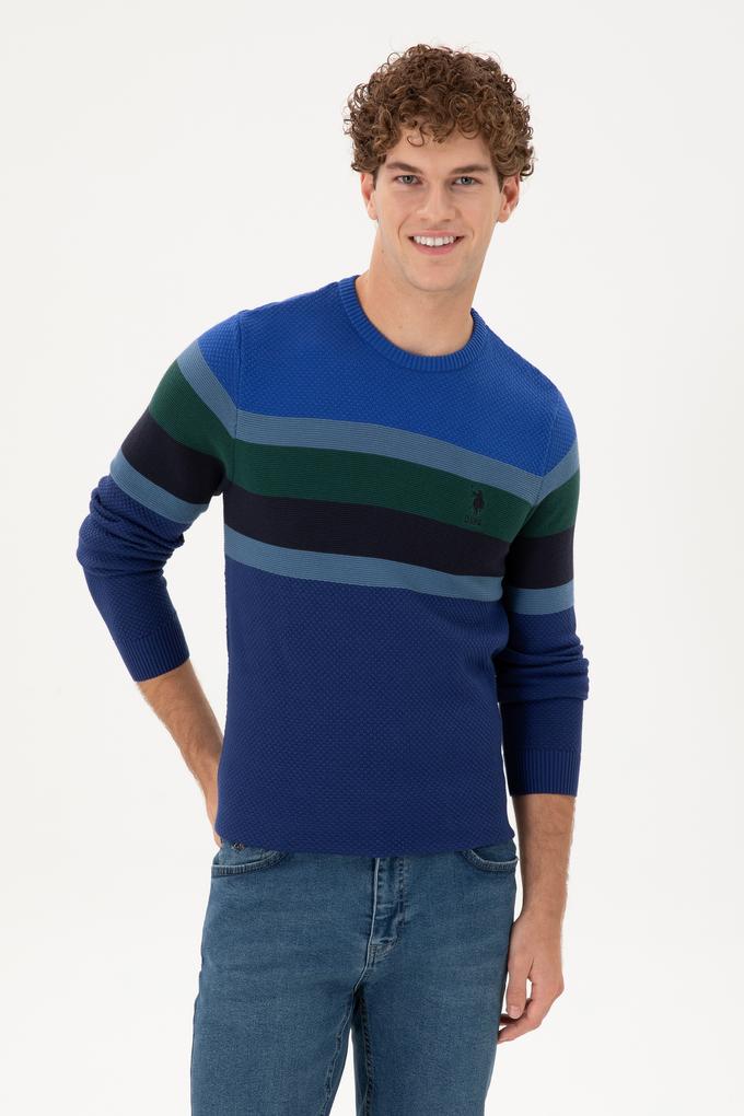 Erkek Slim Fit Bisiklet Yaka İndigo Kazak