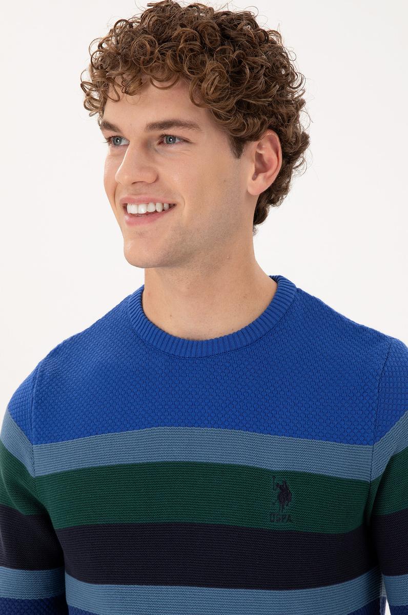 Erkek Slim Fit Bisiklet Yaka İndigo Kazak