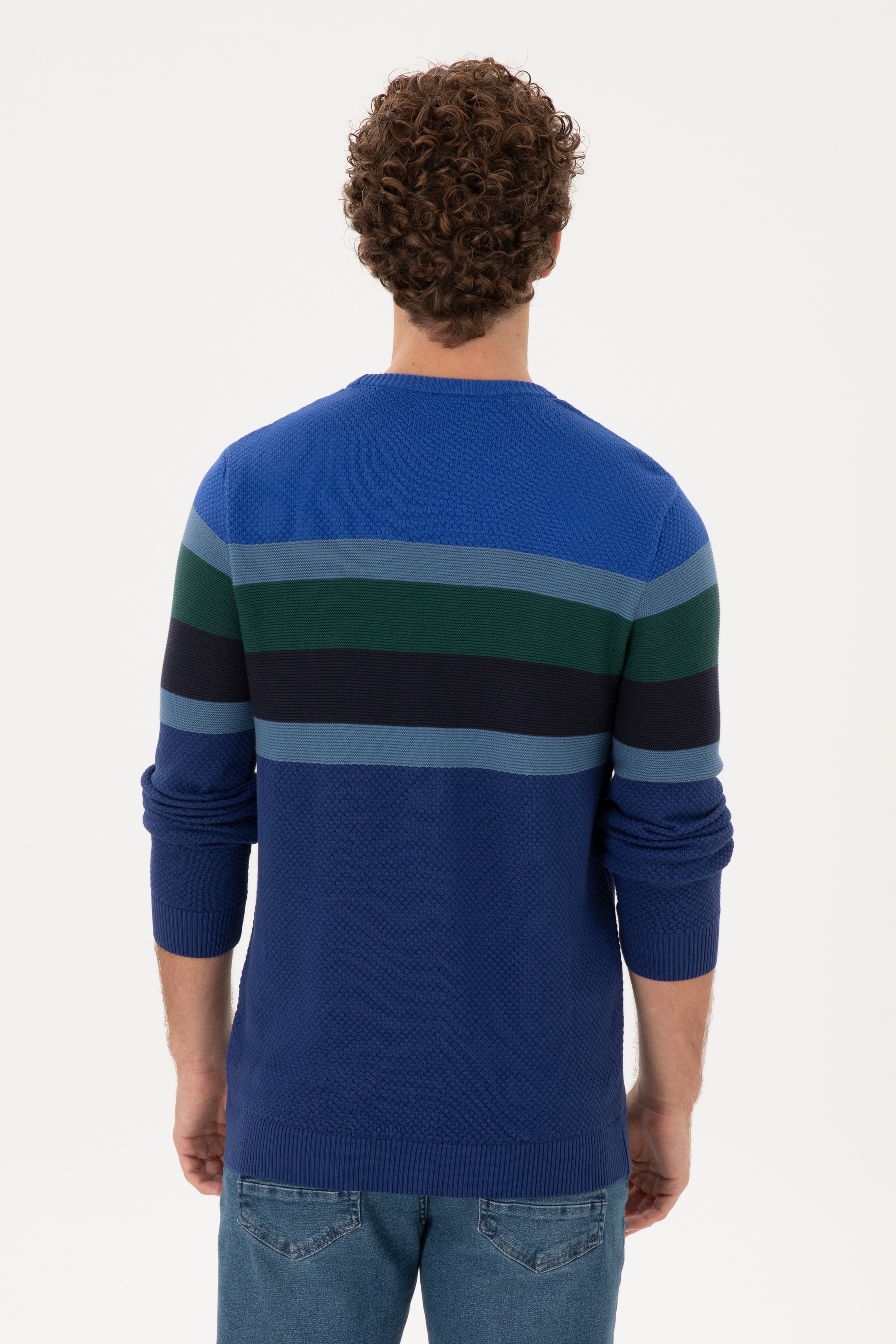 Erkek Slim Fit Bisiklet Yaka İndigo Kazak
