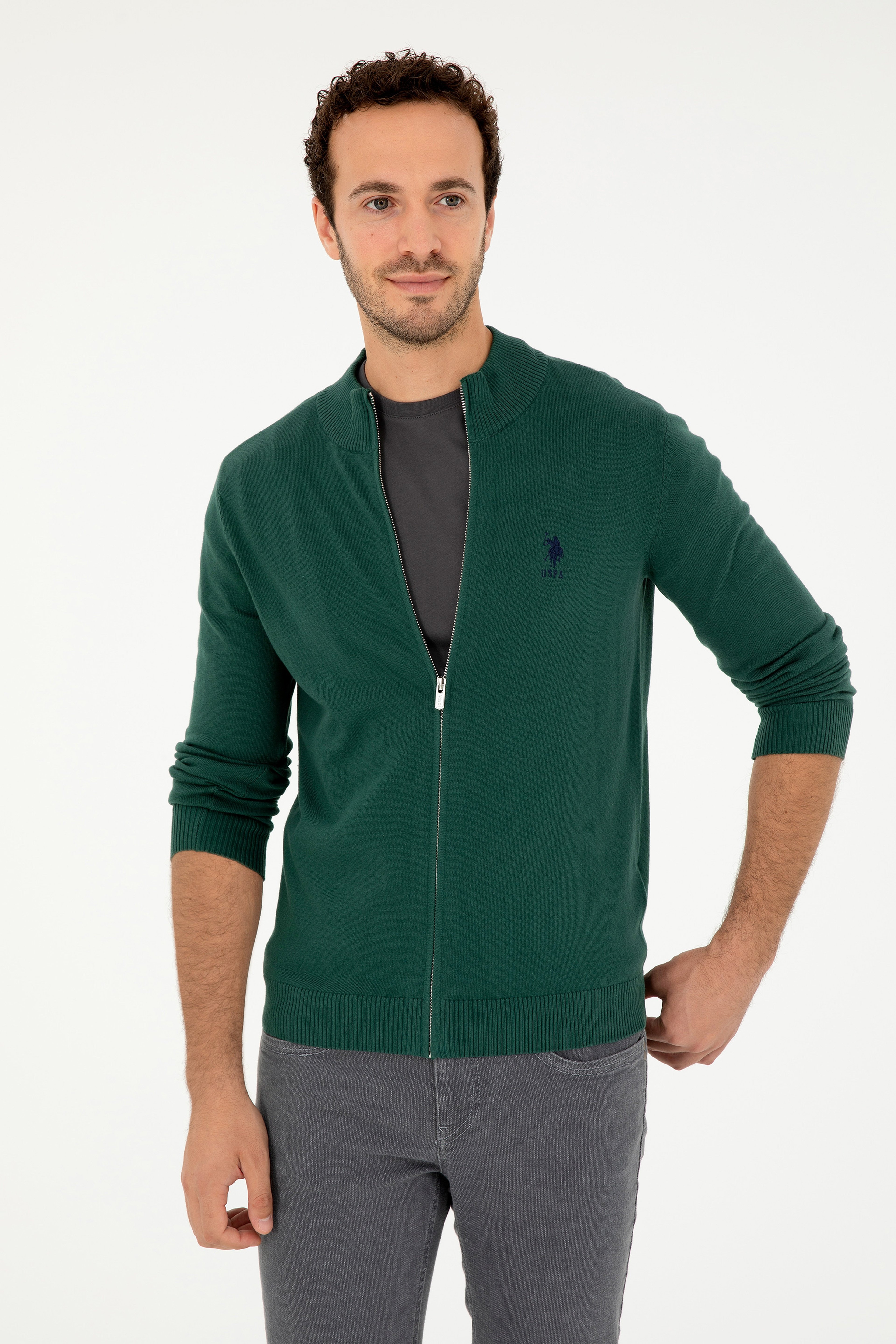 Erkek Koyu Yeşil Basic Triko Hırka - Image 3
