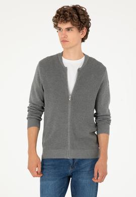 Erkek Gri Melanj Basic Triko Hırka - 50293528048