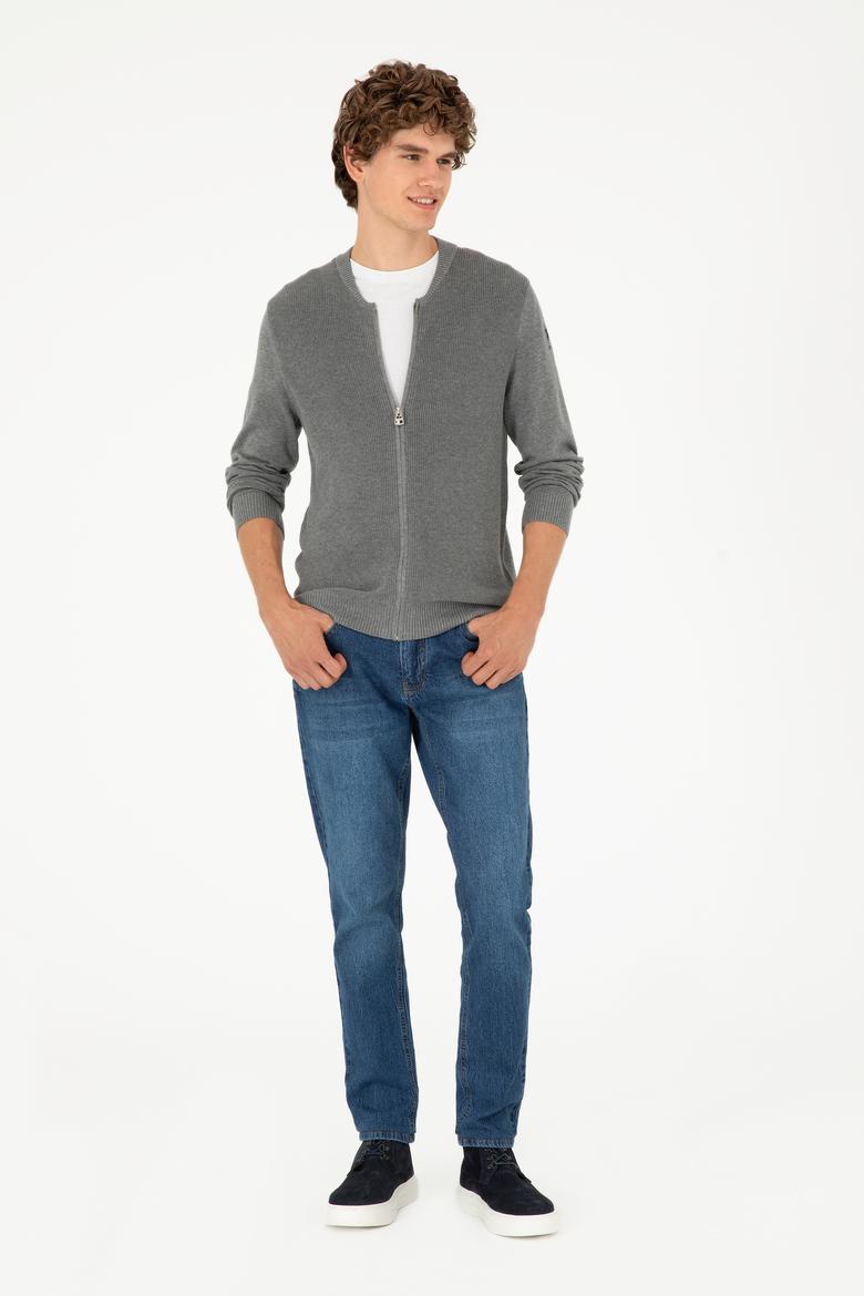 Erkek Gri Melanj Basic Triko Hırka - 50293528048