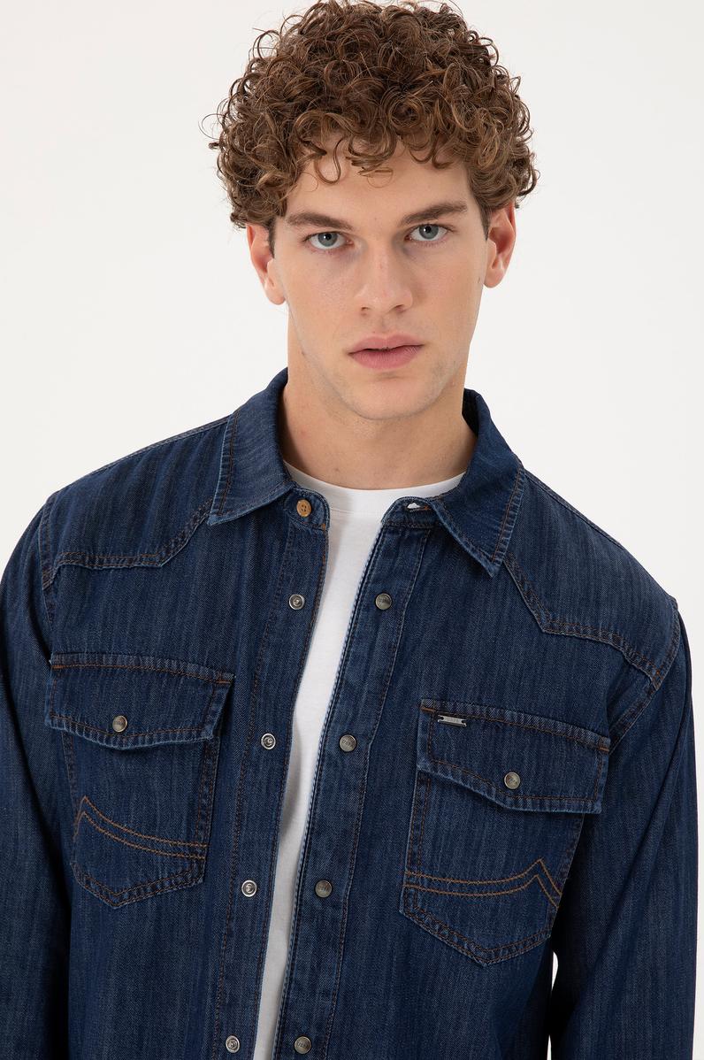 Erkek Koyu Mavi Jean Gömlek