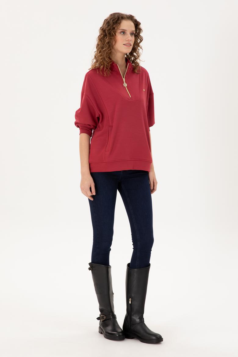 Kadın Vişne Fermuarlı Sweatshirt - 50298988015