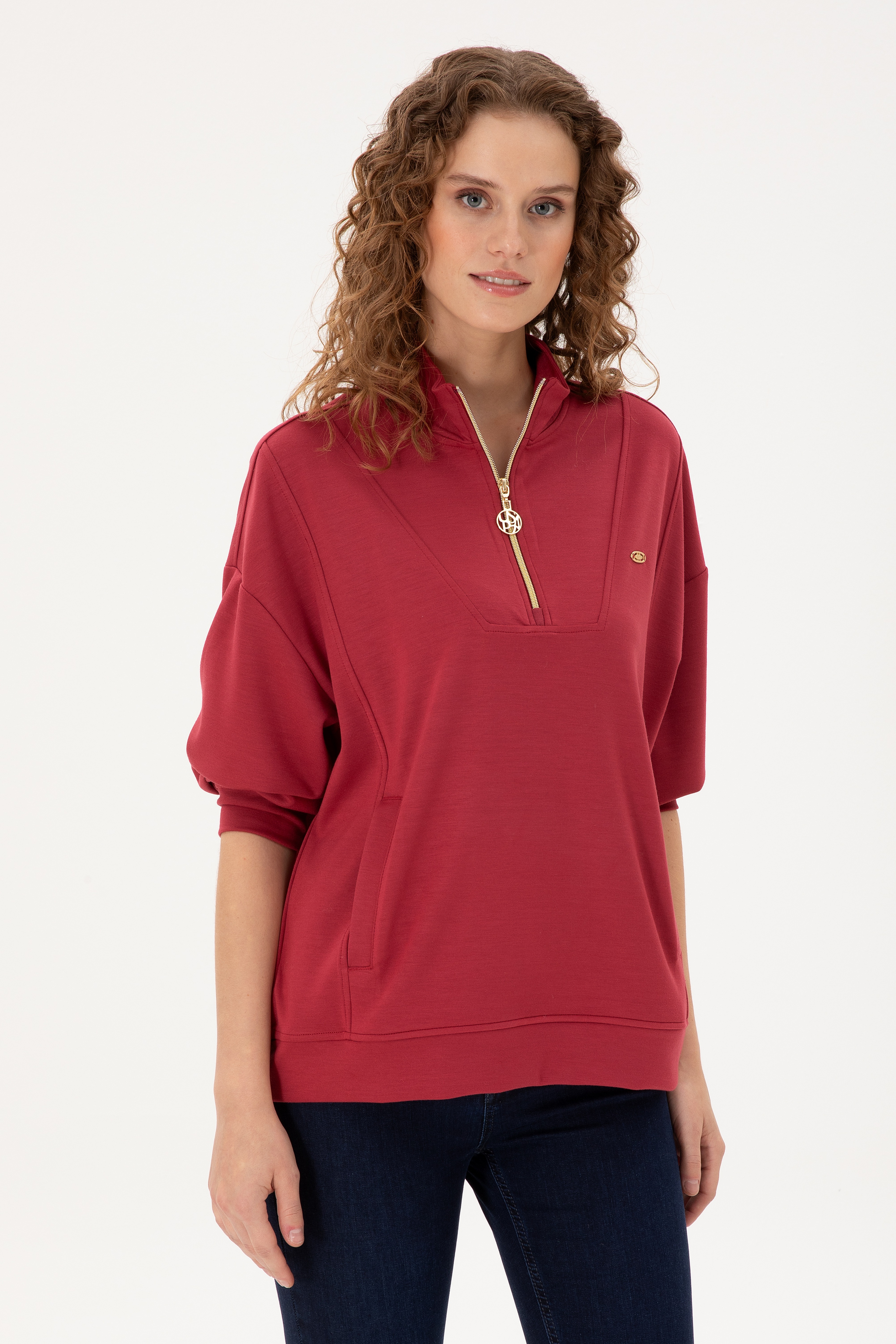 Kadın Vişne Fermuarlı Sweatshirt - Image 1