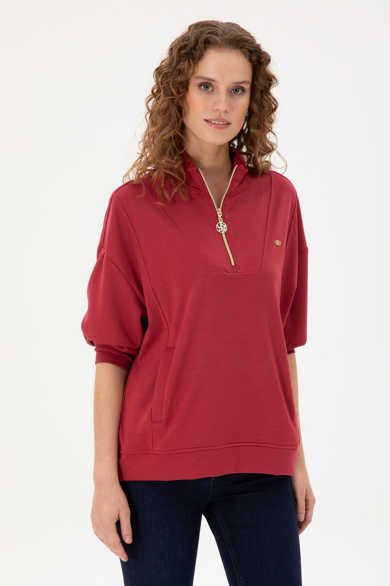 Kadın Vişne Fermuarlı Sweatshirt