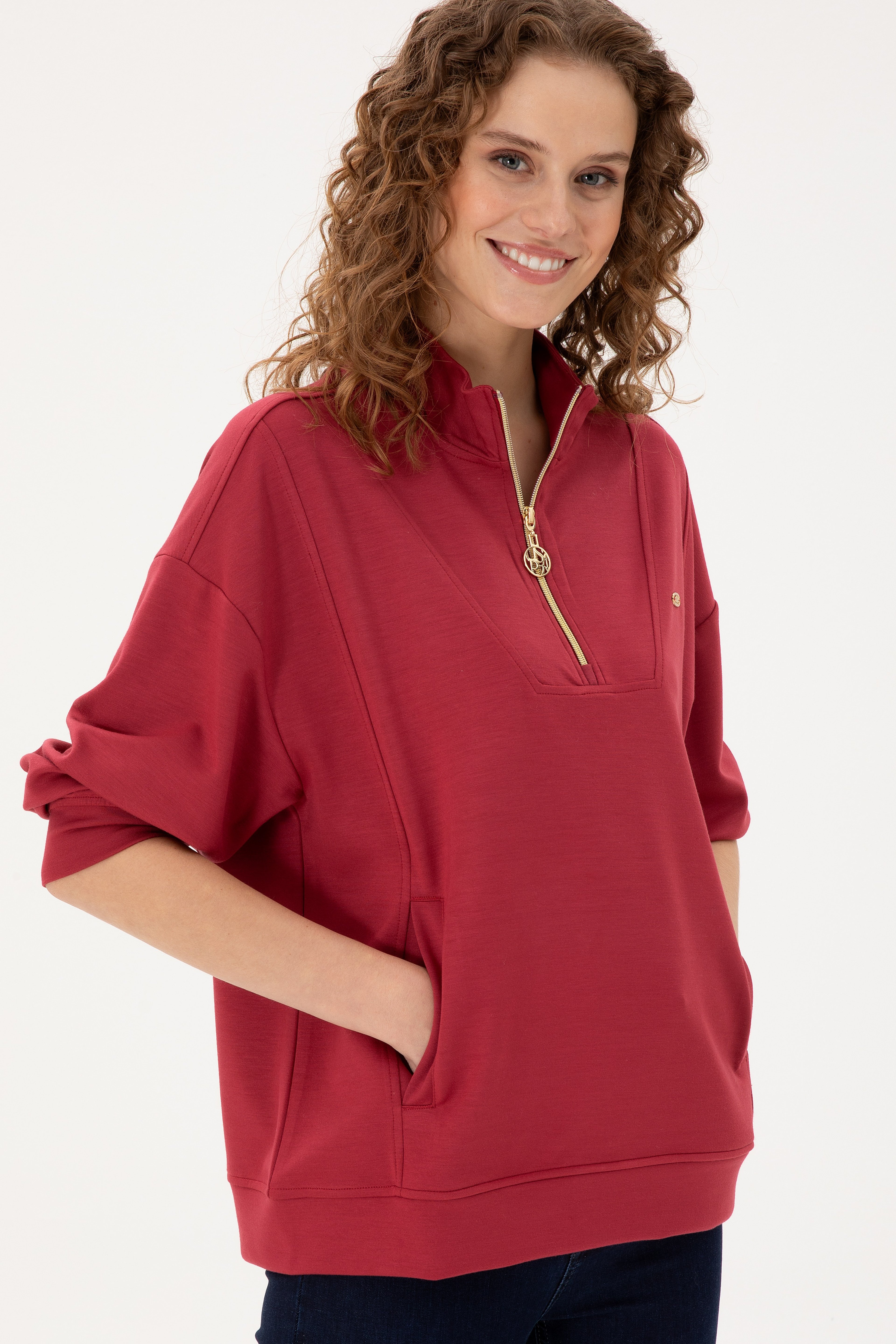 Kadın Vişne Fermuarlı Sweatshirt