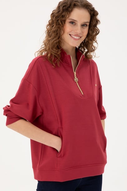 Kadın Vişne Fermuarlı Sweatshirt